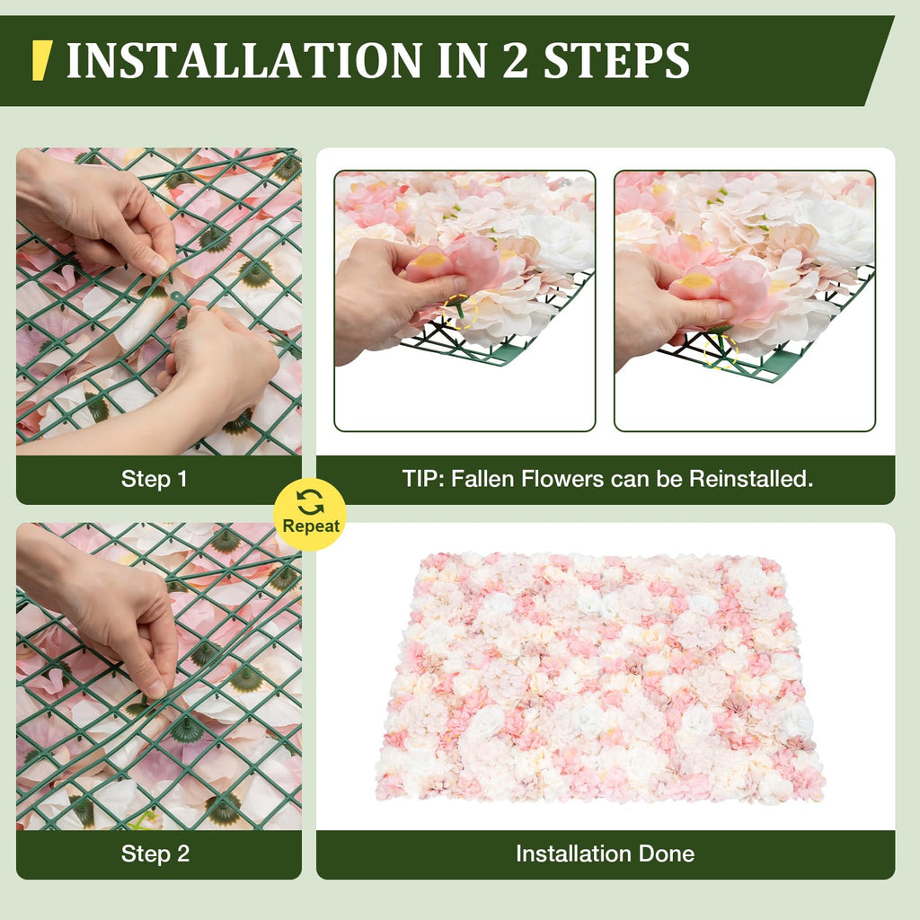 DNYSYSJ Flower Wall 12PCS 23.62"" x 15.75"" x 0.79"" Lifelike Pink & White Hydrangea Artificial Flowers Panel Silk Fabric Floral Wall Mat Rose Flower Wall Backdrop Decors, VUIFGBP4HRP04