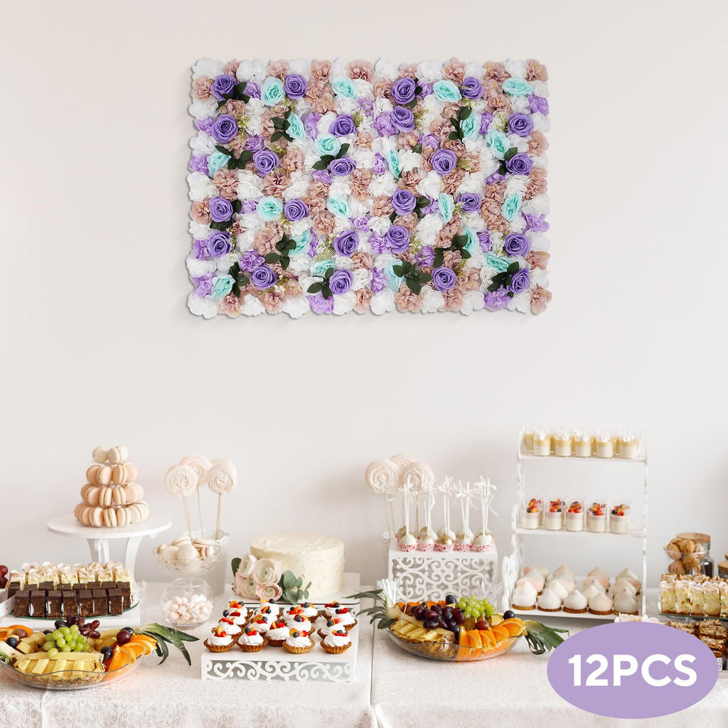 12-Pack Flower Wall Panel, 15"x23"Artificial Flower Wall Panels, Light Purple Dahlia & Pink Rose, Durable Silk, Artificial Floral Backdrop for Wedding Party Home Decor