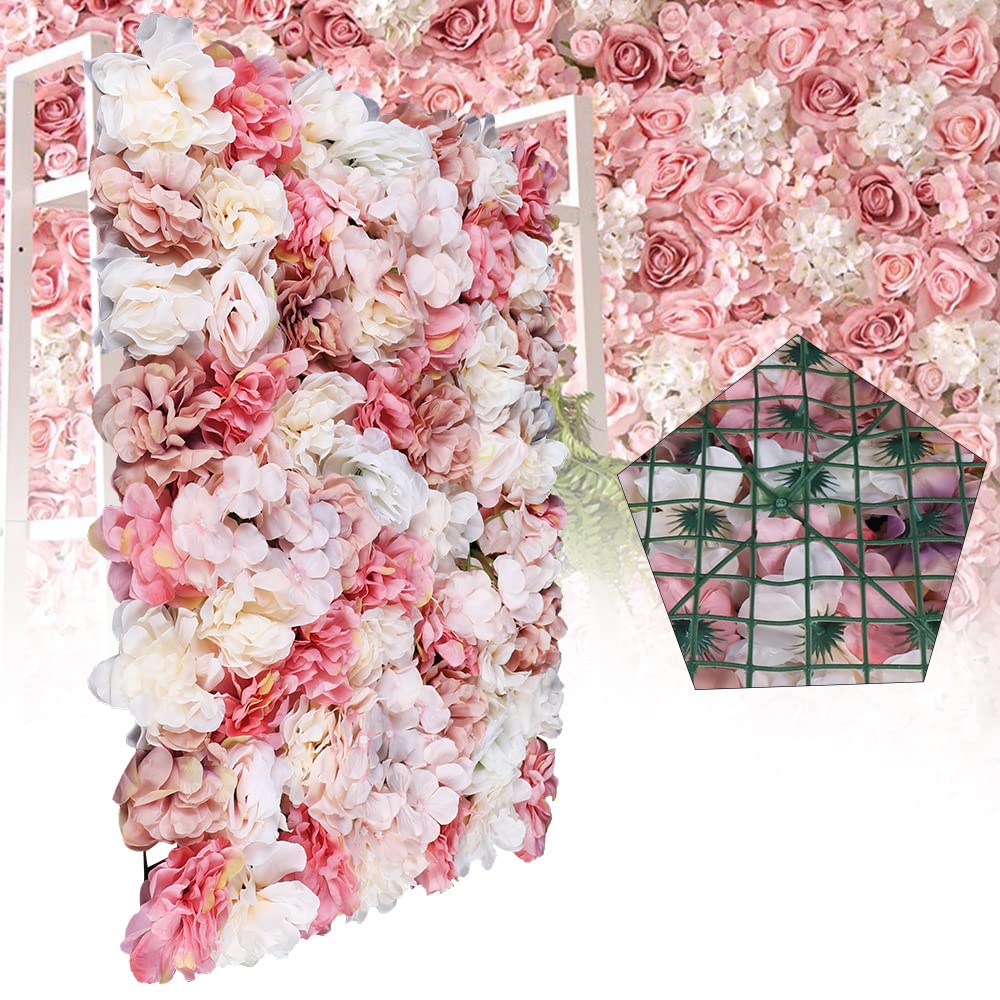 TFCFL 6PCS 23.6" X 15.7" Artificial Flower Wall Panels Autumn Pink Silk Rose Wall Decor Artificial Flower Wall Backdrop for Wedding, Party, Home Decoration