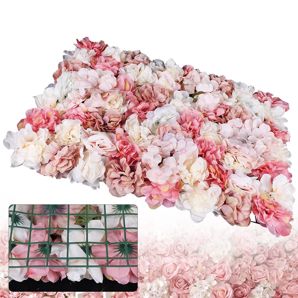 TFCFL 6PCS 23.6" X 15.7" Artificial Flower Wall Panels Autumn Pink Silk Rose Wall Decor Artificial Flower Wall Backdrop for Wedding, Party, Home Decoration