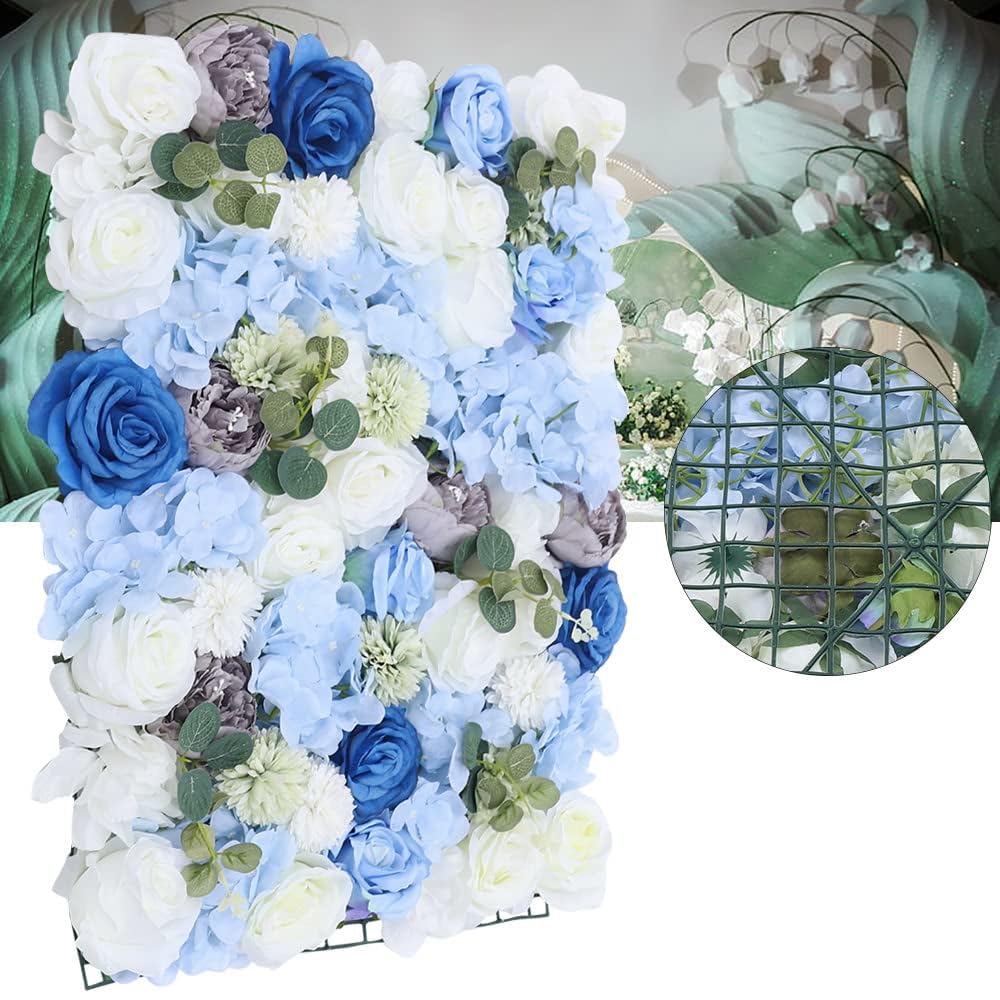 6 Pcs Artificial Flowers Wall Blue and White Romantic Flower Wall for Background Decoration Silk Flower Roses Hanging Wall Panel