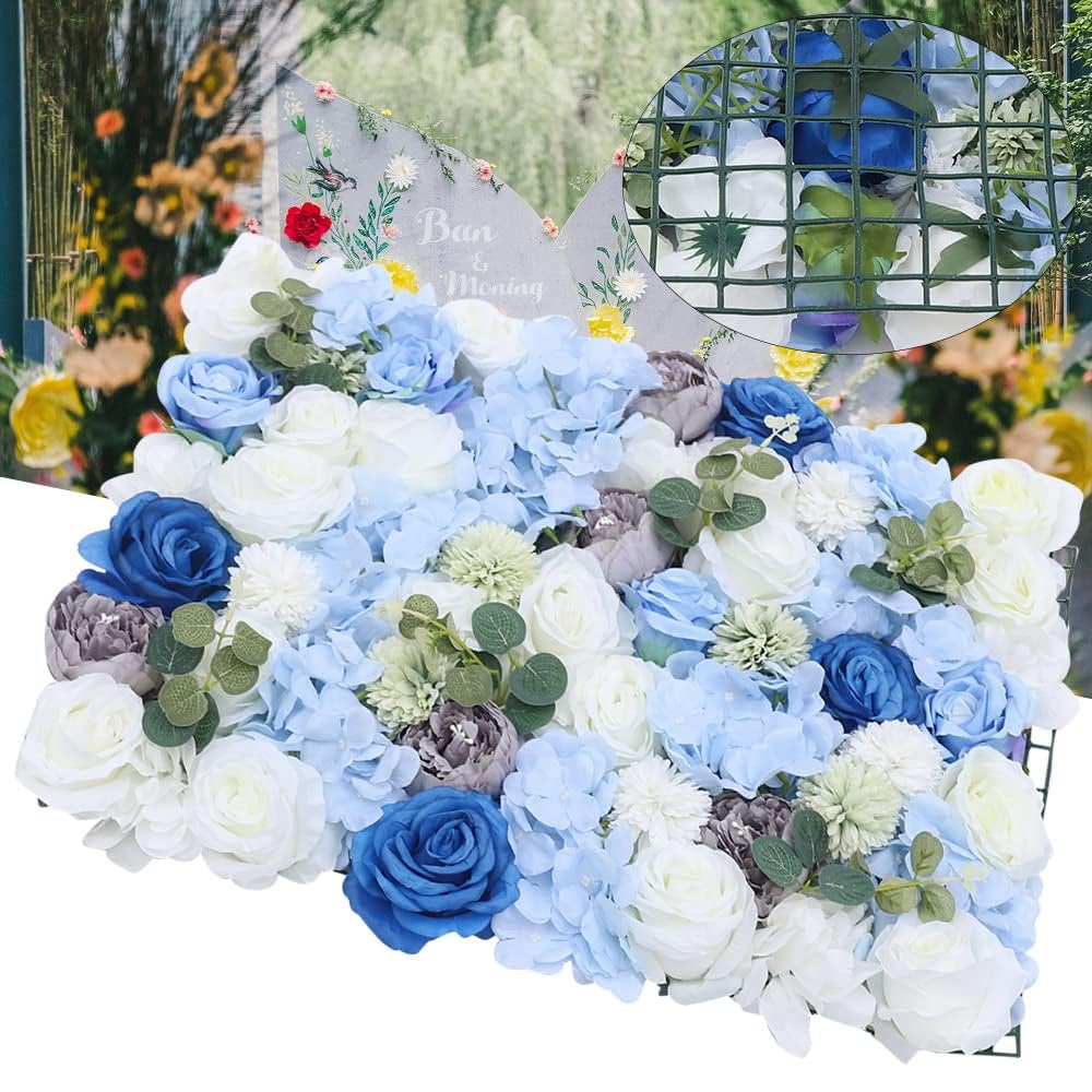 6 Pcs Artificial Flowers Wall Blue and White Romantic Flower Wall for Background Decoration Silk Flower Roses Hanging Wall Panel