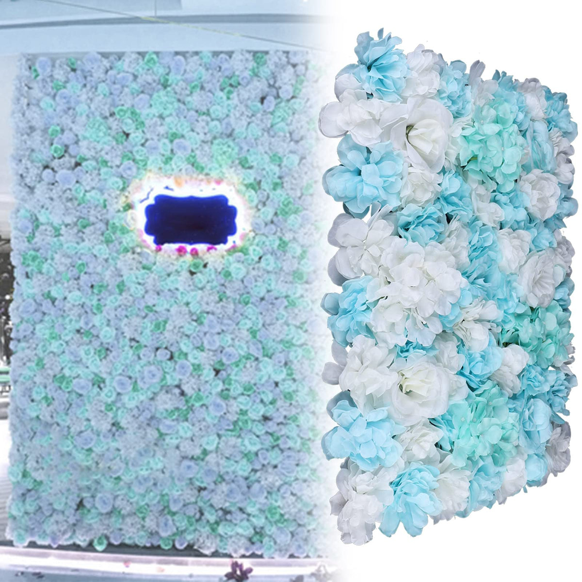 SuiYuLn 12 PCS Flower Wall Panel,15.7 * 23.6in Artificial Flower Wall Panel,Silk Rose Wall Decorations,Hydrangea Flower Mat Wall,Party Home Decorations (Blue+White)