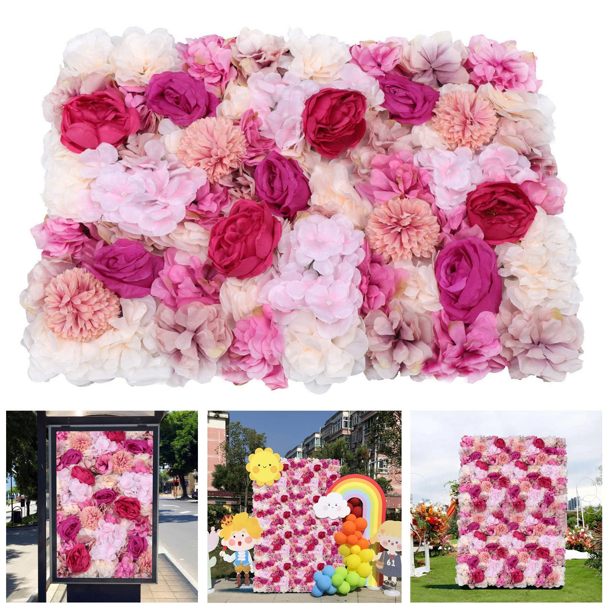 TFCFL 6 Pcs Flower Wall Panels 3D Floral Wall Backdrop Flower Decor, 23.6" X 15.7" Silk Rose Wall Artificial Flower Wall Backdrop Faux Flower Panel for Wedding Party Nursery Photo Background