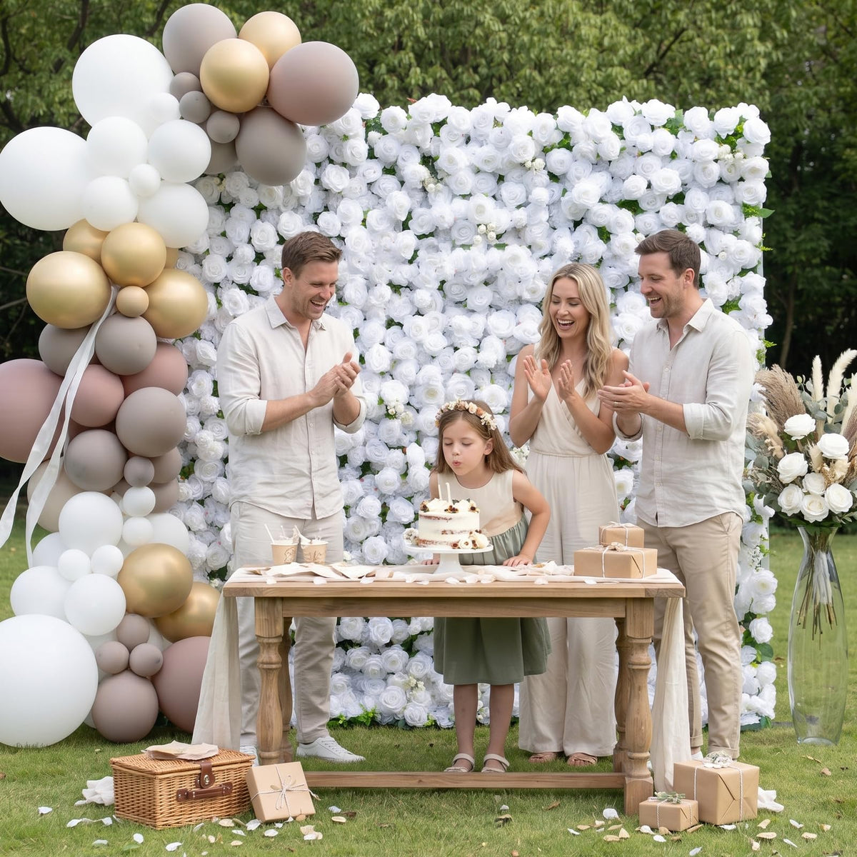8x8ft 3D Silk Artificial Flowers Wall Backdrop, White Flower Wall, Quick Assembly and Storage, Reusable, Ideal for Weddings, Parties, Photo Booths, and Home Decor(Without Stand)