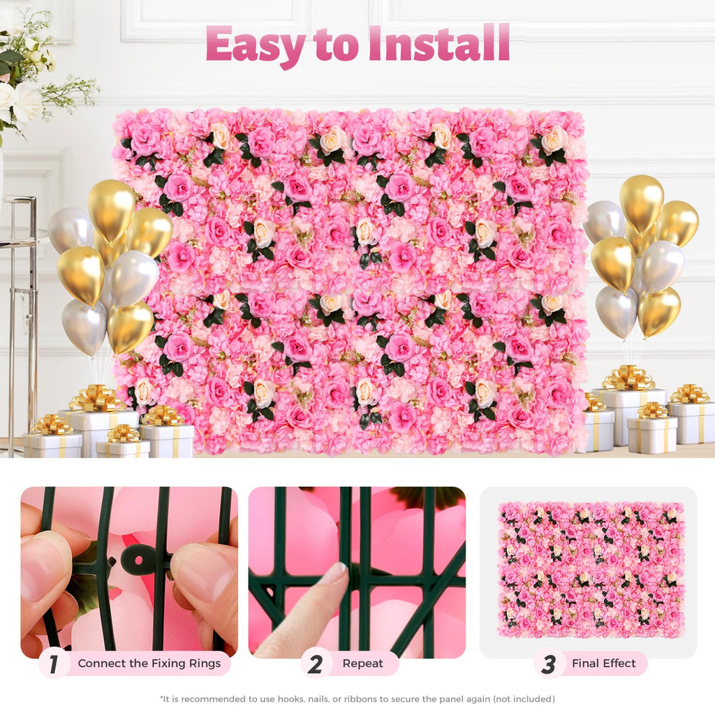 12 Pcs Flower Wall Panels Set 3D Artificial Flower Wall Background Silk Rose Floral Decorative Rose Mat for Home Party Wedding Backdrop Wall Decor (23 x 15 Inch)