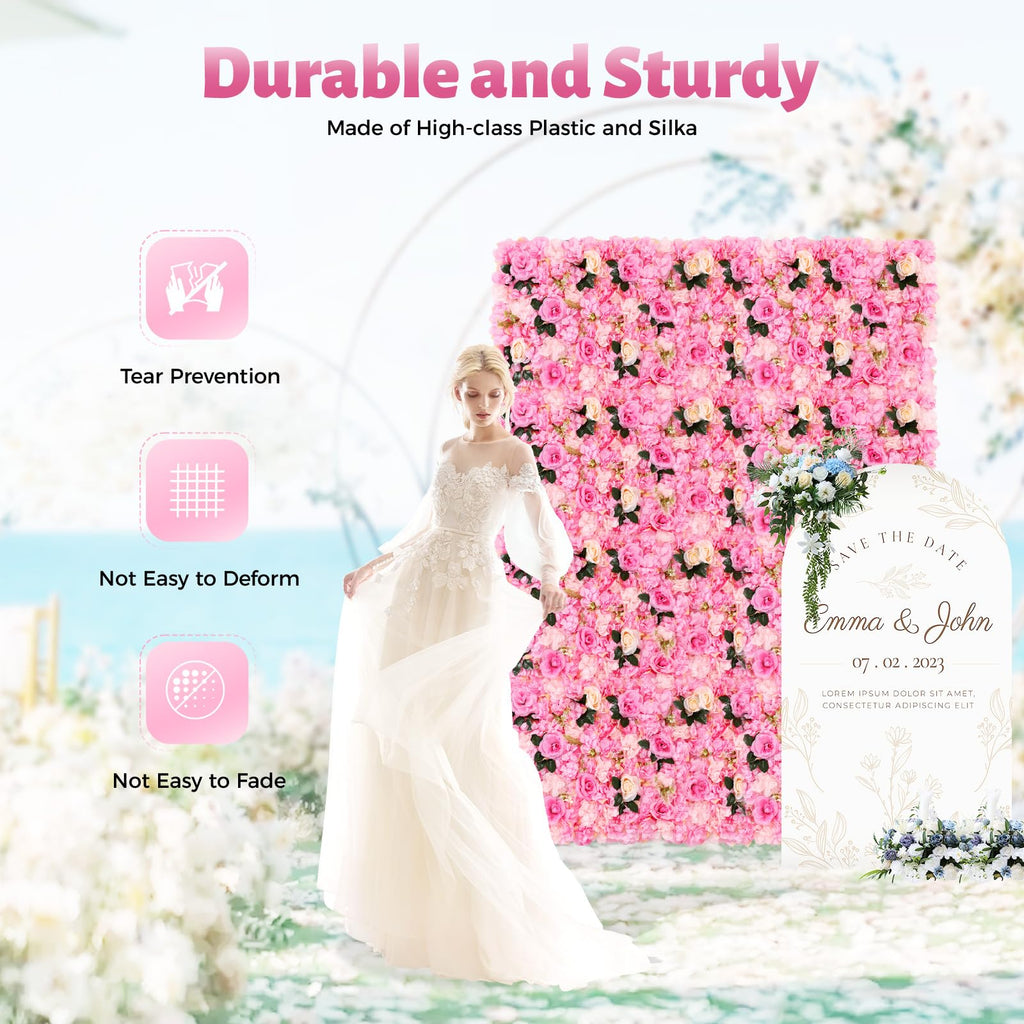 12 Pcs Flower Wall Panels Set 3D Artificial Flower Wall Background Silk Rose Floral Decorative Rose Mat for Home Party Wedding Backdrop Wall Decor (23 x 15 Inch)