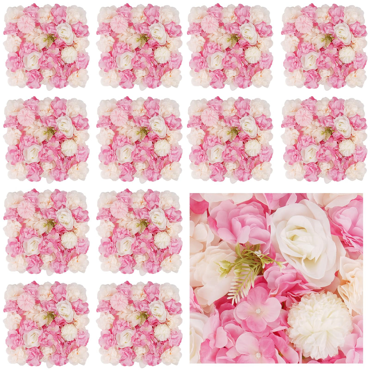 TFCFL 6PCS 23.6" X 15.7" Artificial Flower Wall Panels Autumn Pink Silk Rose Wall Decor Artificial Flower Wall Backdrop for Wedding, Party, Home Decoration