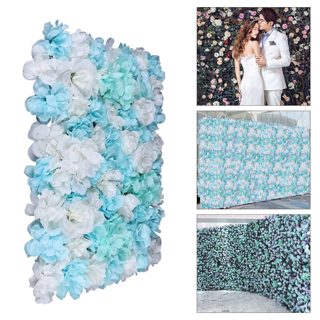 SuiYuLn 12 PCS Flower Wall Panel,15.7 * 23.6in Artificial Flower Wall Panel,Silk Rose Wall Decorations,Hydrangea Flower Mat Wall,Party Home Decorations (Blue+White)