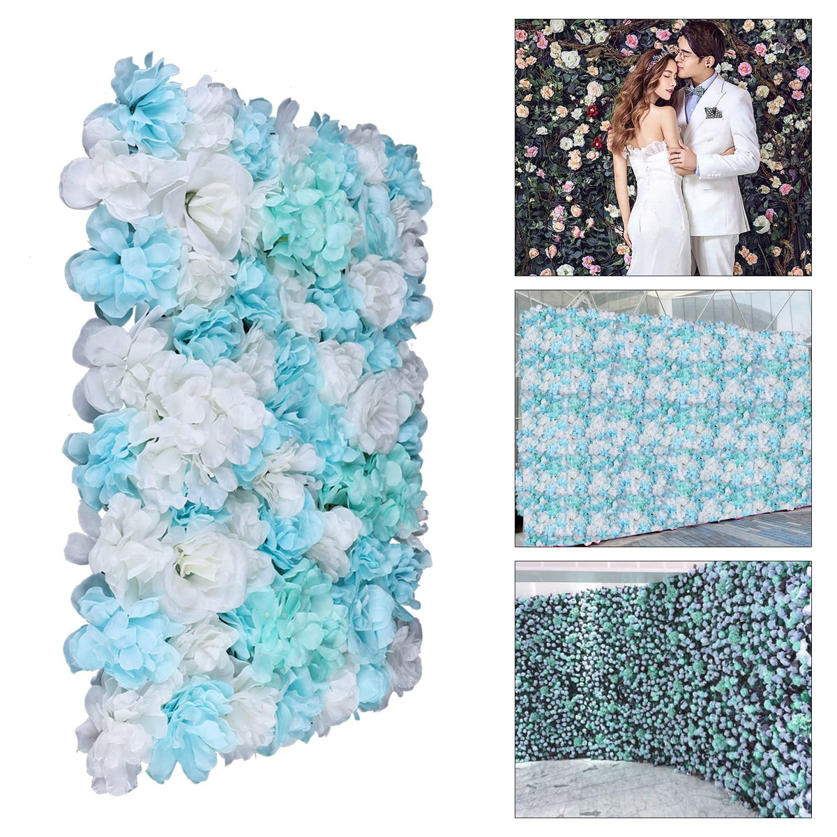 SuiYuLn 12 PCS Flower Wall Panel,15.7 * 23.6in Artificial Flower Wall Panel,Silk Rose Wall Decorations,Hydrangea Flower Mat Wall,Party Home Decorations (Blue+White)