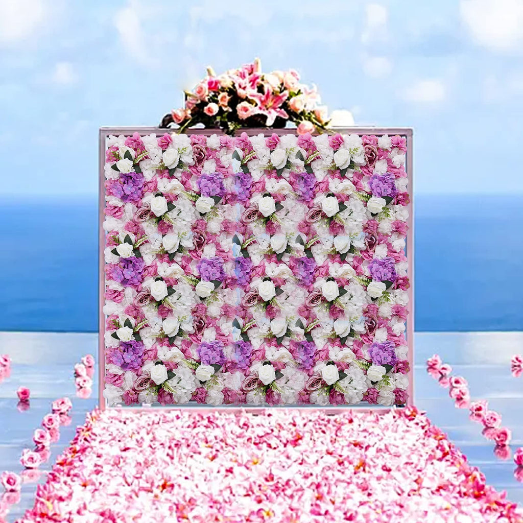 Flower Wall Panel Floral Backdrop - 6 Pcs Pink and Purple Flower Wall Decor, 24" X 16" Silk Rose Wall 3D Artificial Flower for Wedding Backdrops, Wedding Aisles, Flower Parties