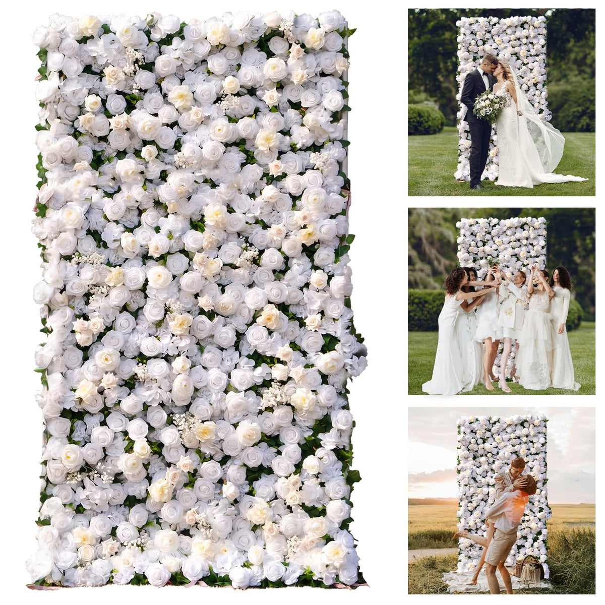 Flower Wall, Silk Artificial Flower Wall Backdrop for Wedding, Party and Home Decor, Fake Floral Panels for Bridal, White and Gold, 8 x 8ft
