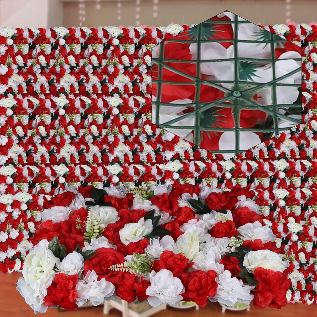 12Pcs Artificial Silk Flower Wall, Artificial Silk Rose Flower Panel, Wedding Background Decor (Red and White)