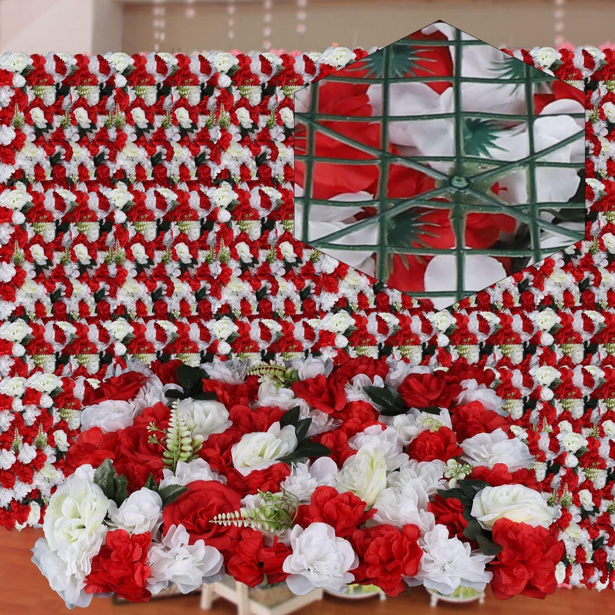 12Pcs Artificial Silk Flower Wall, Artificial Silk Rose Flower Panel, Wedding Background Decor (Red and White)