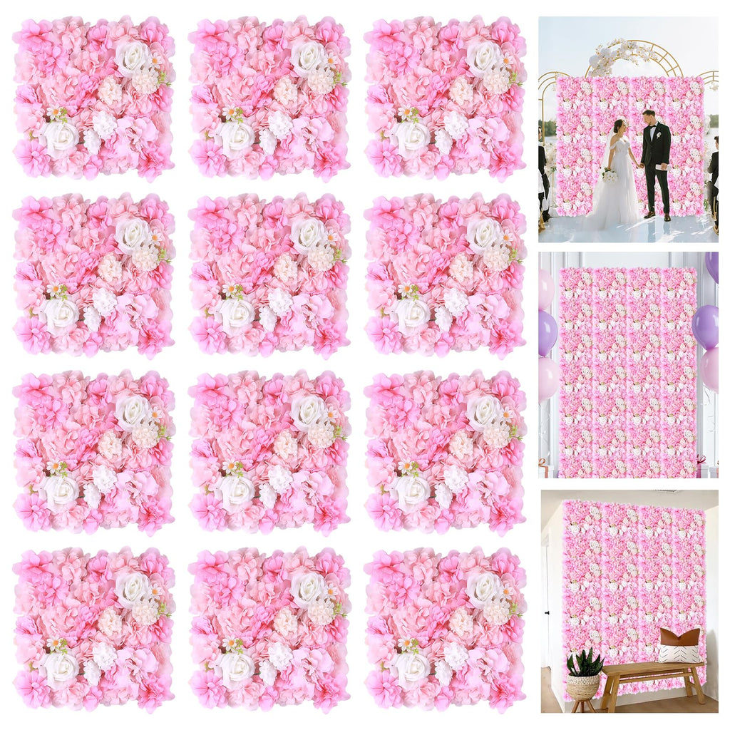 DNYSYSJ Flower Wall 12PCS 23.62"" x 15.75"" x 0.79"" Lifelike Pink & White Hydrangea Artificial Flowers Panel Silk Fabric Floral Wall Mat Rose Flower Wall Backdrop Decors, VUIFGBP4HRP04
