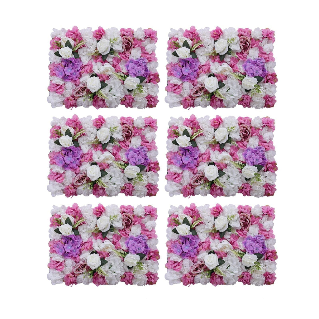 Flower Wall Panel Floral Backdrop, Artificial Purple, Pink and White Flower Wall Decor Set, 3D Silk Rose Floral Panel, for Wedding, Party, Home Decoration, Photo Background 24*16in Set of 6