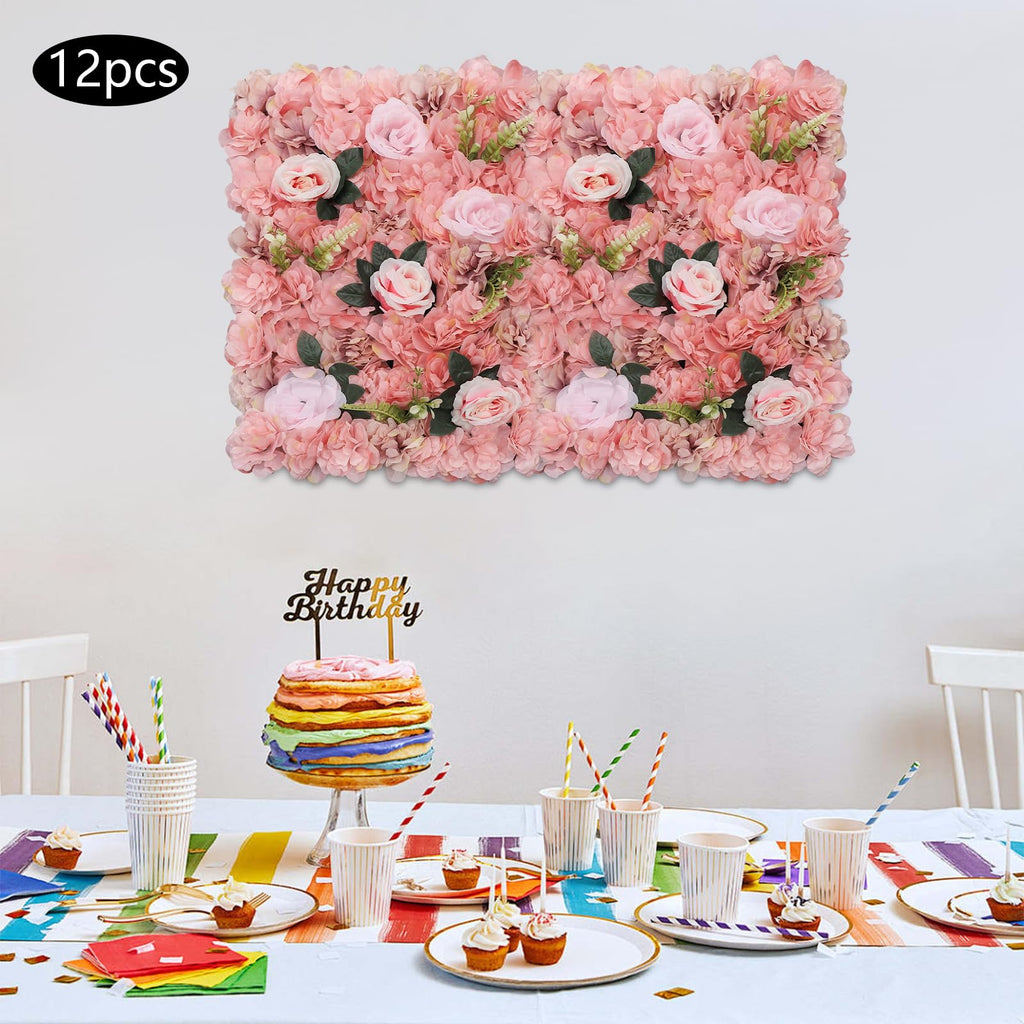 Artificial Flower Wall Backdrop 12Pcs Floral Wall Panels Artificial Flower Backdrop Pink Floral Background Rose Decoration for Wedding, Birthday, Festive, Home Decor, 23.62×5.74 Inch