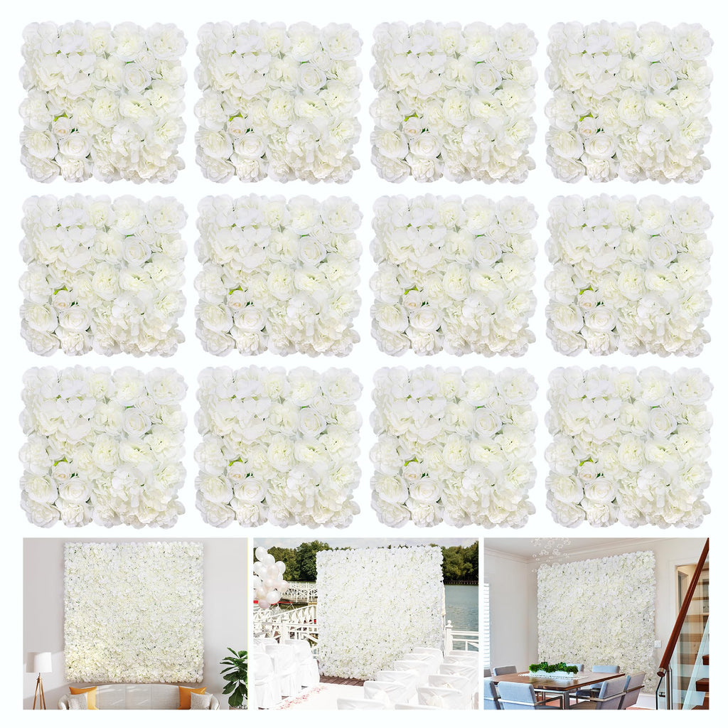 Flower Wall, Silk Artificial Flower Wall Backdrop for Wedding, Party and Home Decor, Fake Floral Panels for Bridal, White and Gold, 8 x 8ft