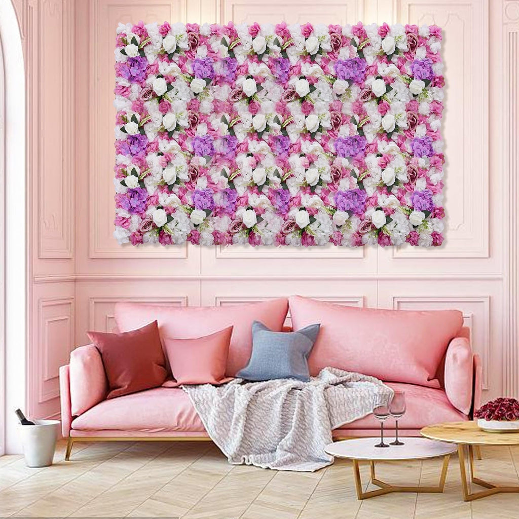 Flower Wall Panel Floral Backdrop, Artificial Purple, Pink and White Flower Wall Decor Set, 3D Silk Rose Floral Panel, for Wedding, Party, Home Decoration, Photo Background 24*16in Set of 6