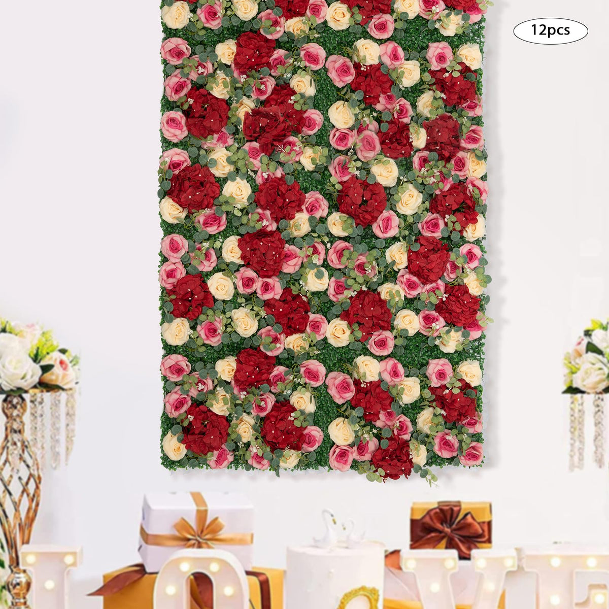 Artificial Flower Wall Panels, 12 Pcs 3D Rose Hydrangea Flower Wall Backdrop Faux Flower Wall Mat for Flowers Panel Decor Party Wedding Bridal Shower Baby Shower Decor