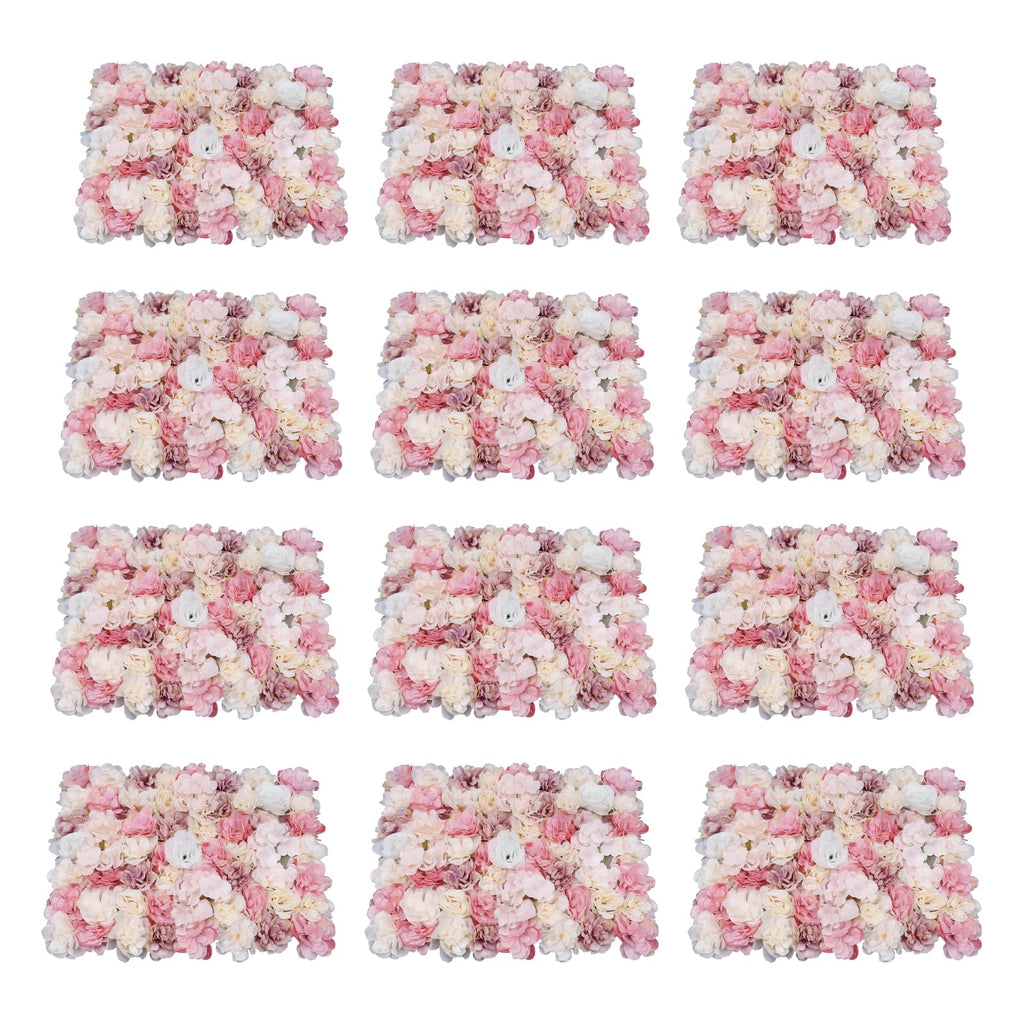 12Pcs Artificial Wall Flower Backdrop, 24" X 16" Flowers Wall Panel, 3D Decoration Silk Rose Hydrangea Wall Mat for Garden, Outdoor, Indoor, Party, Wedding and Photo Backdrop Decor