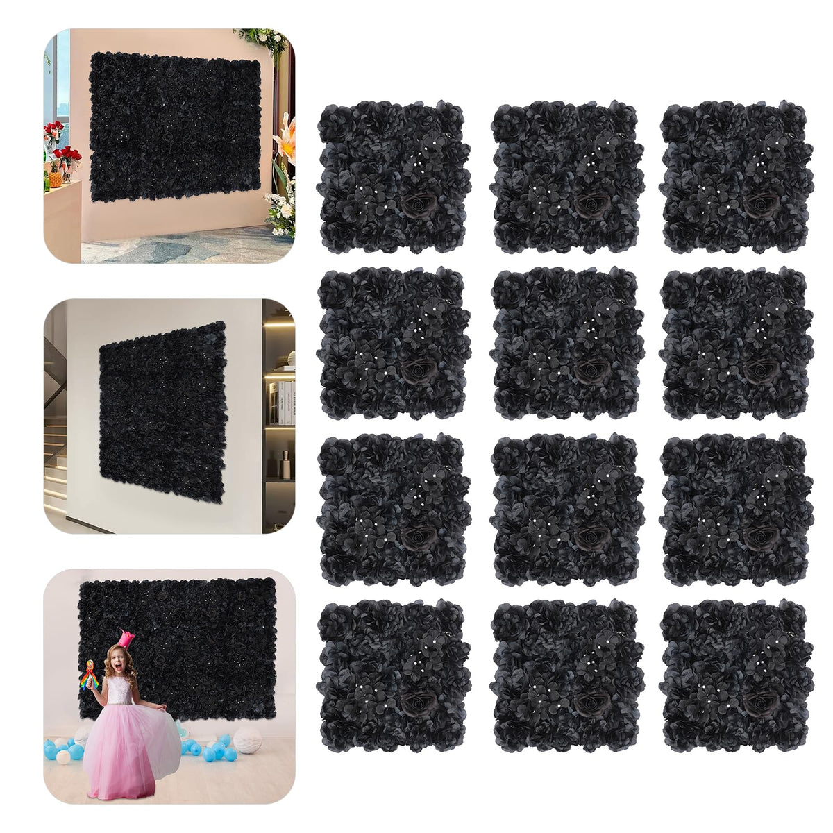 12pcs Artificial Flower Wall Panel 15 * 15inches Black Rose 3D Handmade Faux Flower Floral Wall Décor Backdrop Gothic Style for Wedding Birthday Halloween Bachelorette Party Wall Decoration