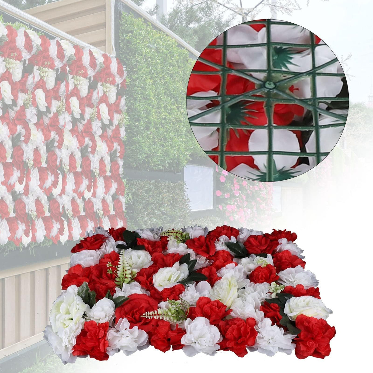 12Pcs Artificial Silk Flower Wall, Artificial Silk Rose Flower Panel, Wedding Background Decor (Red and White)