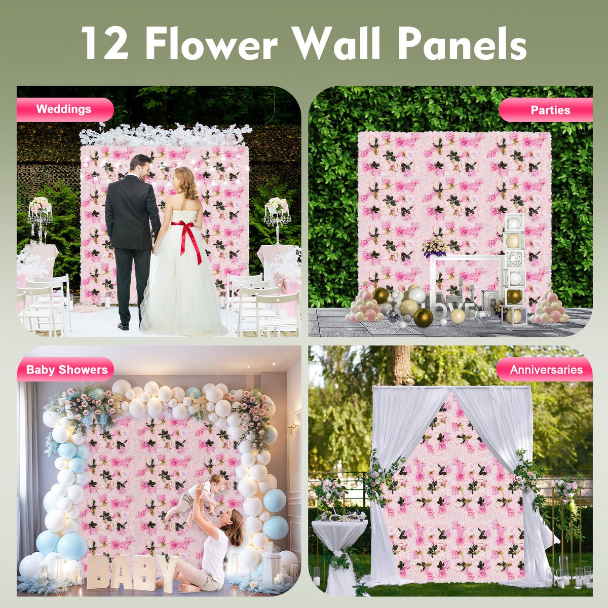 12PCS Artificial Flower Wall Panels, Rose Backdrop for Weddings, Reusable 3D Silk Floral Decor Wedding Flower Decorations Wall Silk Rose Panels for Birthdays, Showers, Photo Booths