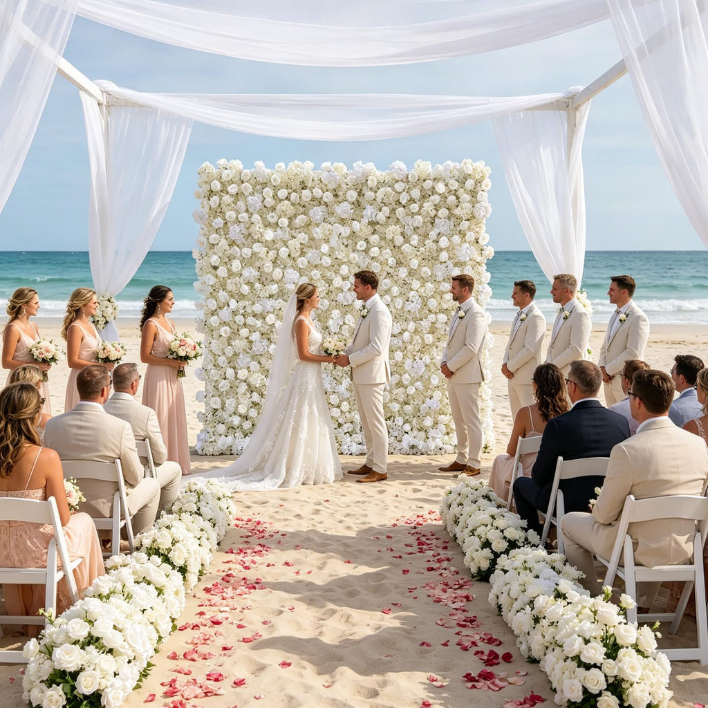 8x8ft 3D Silk Artificial Flowers Wall Backdrop, White Flower Wall, Quick Assembly and Storage, Reusable, Ideal for Weddings, Parties, Photo Booths, and Home Decor(Without Stand)