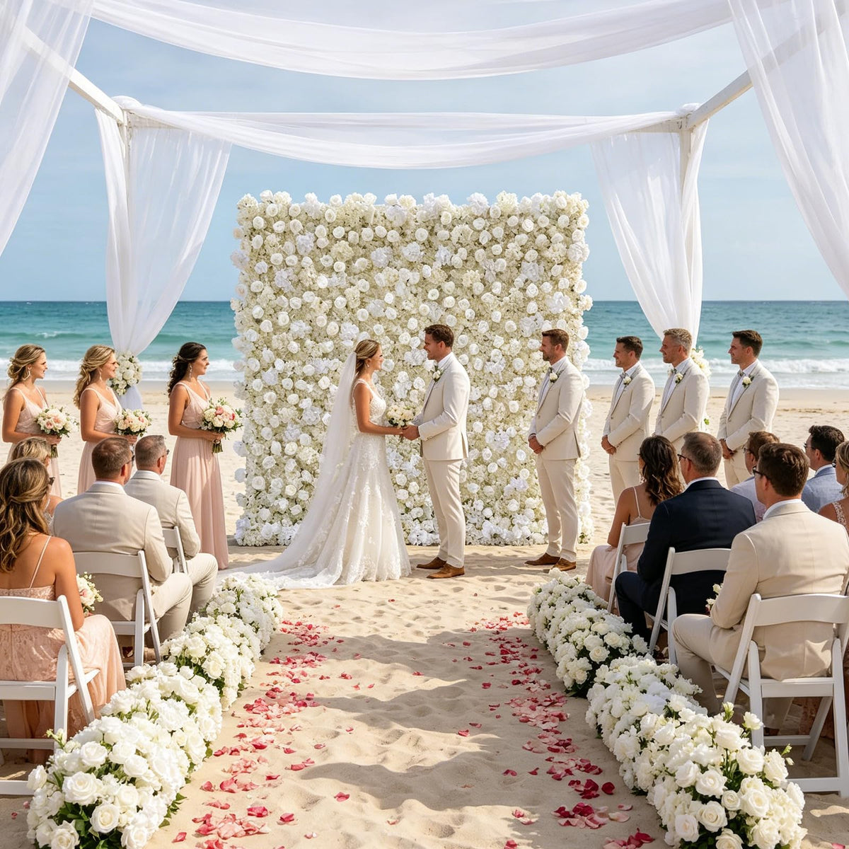 8x8ft 3D Silk Artificial Flowers Wall Backdrop, White Flower Wall, Quick Assembly and Storage, Reusable, Ideal for Weddings, Parties, Photo Booths, and Home Decor(Without Stand)