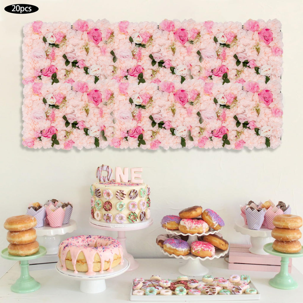 20 Pcs Flower Wall Panels,Artificial Floral Backdrop,Flower Panels for Event Party Wedding Decor,Light Pink Dahlia Rose & Watercress,23.62x15.75''