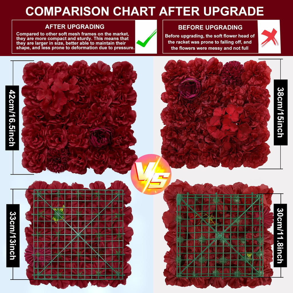 RIDDSEE12pcs Flower Wall Backdrop16.5 x16.5 Artificial Floral Panels-Maroon