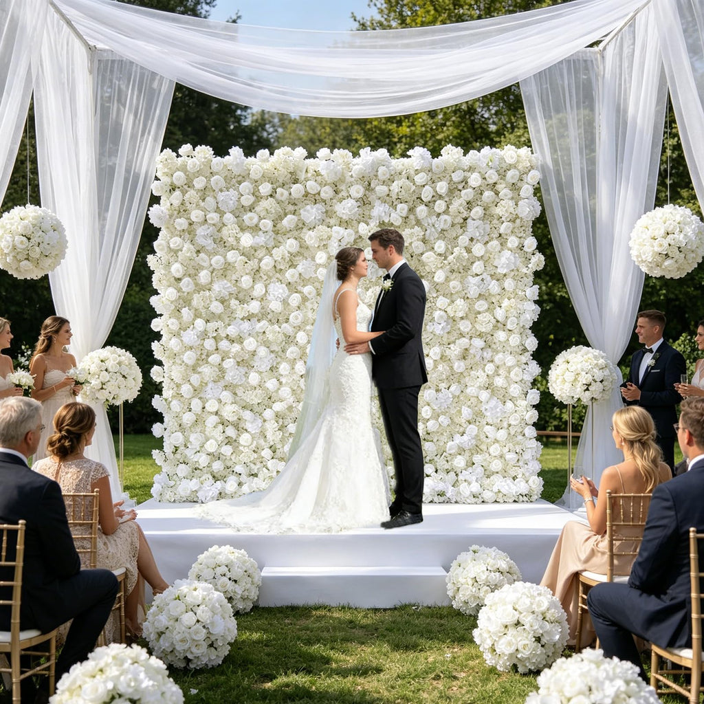 8x8ft 3D Silk Artificial Flowers Wall Backdrop, White Flower Wall, Quick Assembly and Storage, Reusable, Ideal for Weddings, Parties, Photo Booths, and Home Decor(Without Stand)