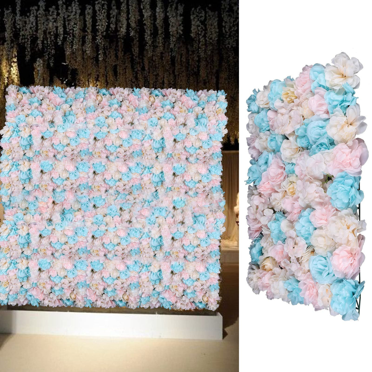 Artificial Flower Wall Screen Panel Floral Backdrop 12Pcs 15.75'' x 23.62'' Light Blue & Peach Pink Silk Flowers for Rose Wall Decor Hair Nail Salon Party Wedding Bridal Shower Baby Shower Backdrop