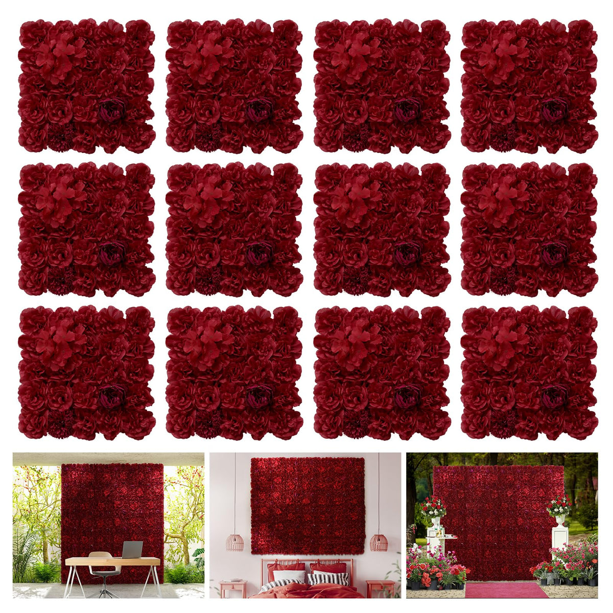 RIDDSEE12pcs Flower Wall Backdrop16.5 x16.5 Artificial Floral Panels-Maroon
