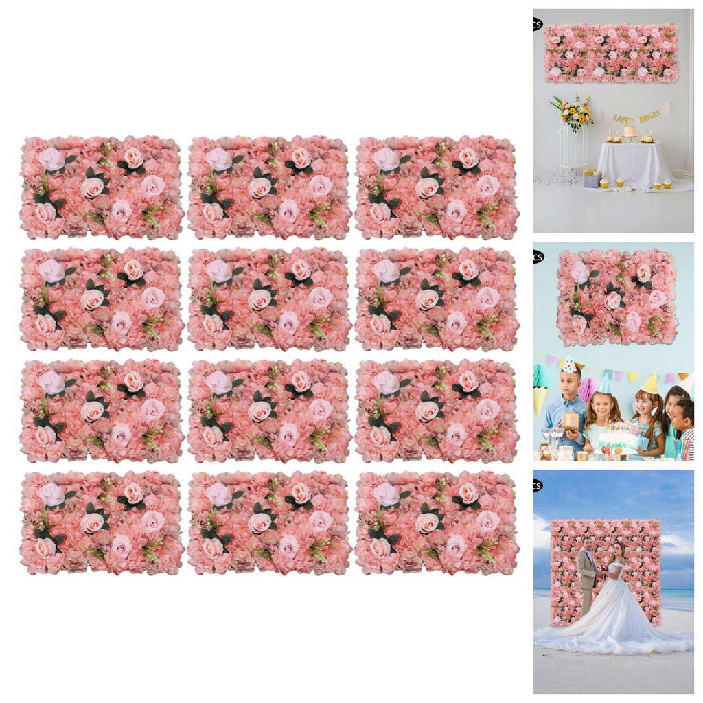 Artificial Flower Wall Backdrop 12Pcs Floral Wall Panels Artificial Flower Backdrop Pink Floral Background Rose Decoration for Wedding, Birthday, Festive, Home Decor, 23.62×5.74 Inch