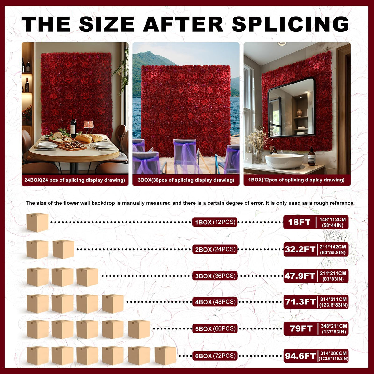 RIDDSEE12pcs Flower Wall Backdrop16.5 x16.5 Artificial Floral Panels-Maroon