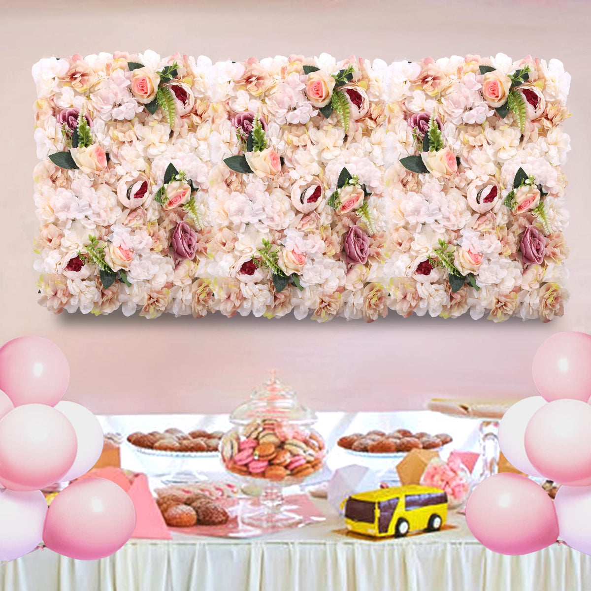 Flower Wall Panel Floral Backdrop - 6 Pcs Pink and Yellow Wall Decor, 24" X 16" Silk Rose Wall 3D Artificial Flower for Wedding Backdrops, Wedding Aisles, Flower Parties