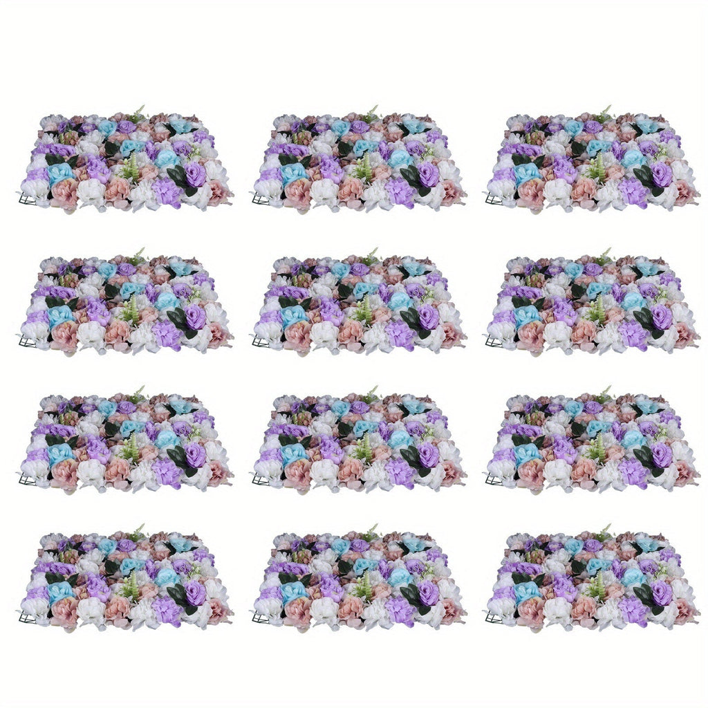 12pcs Romantic Artificial Flower Wall Panels in Lavender & Purple Roses with Blue Hydrangeas - Perfect for Wedding Backdrops, Photo Areas, Candy Walls, Home & Store Displays, Party Decor, 40 x 60 Inches, Flower Decor