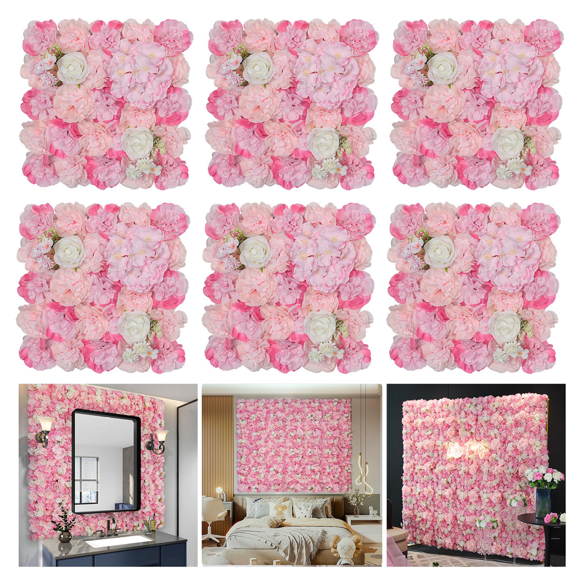 12PCs Flower Wall Panel,Artificial Flower Wall Panels,Silk Rose Artificial Flowers,Wedding Celebrations Backdrops,Party Decoration Backgrounds for Festive Party,23.62 * 5.74in (Pink)