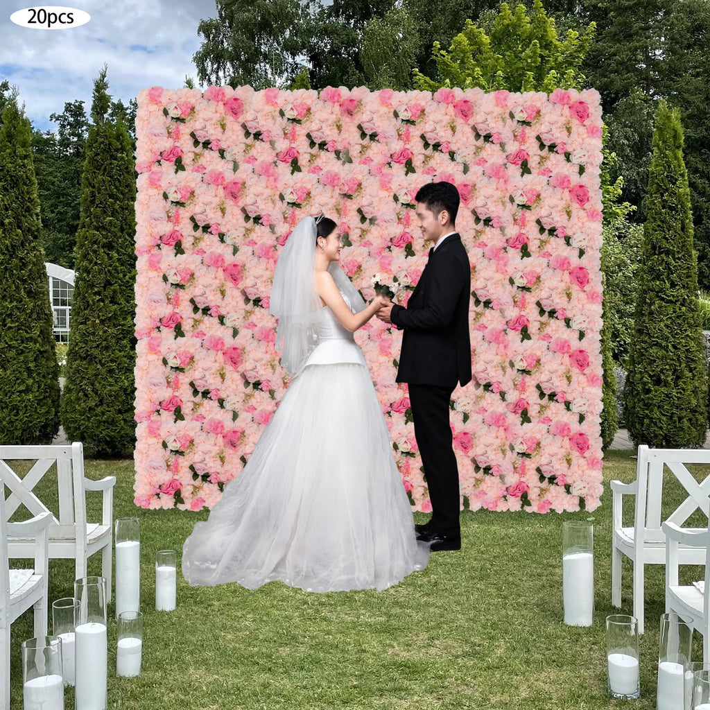 20 Pcs Flower Wall Panels,Artificial Floral Backdrop,Flower Panels for Event Party Wedding Decor,Light Pink Dahlia Rose & Watercress,23.62x15.75''