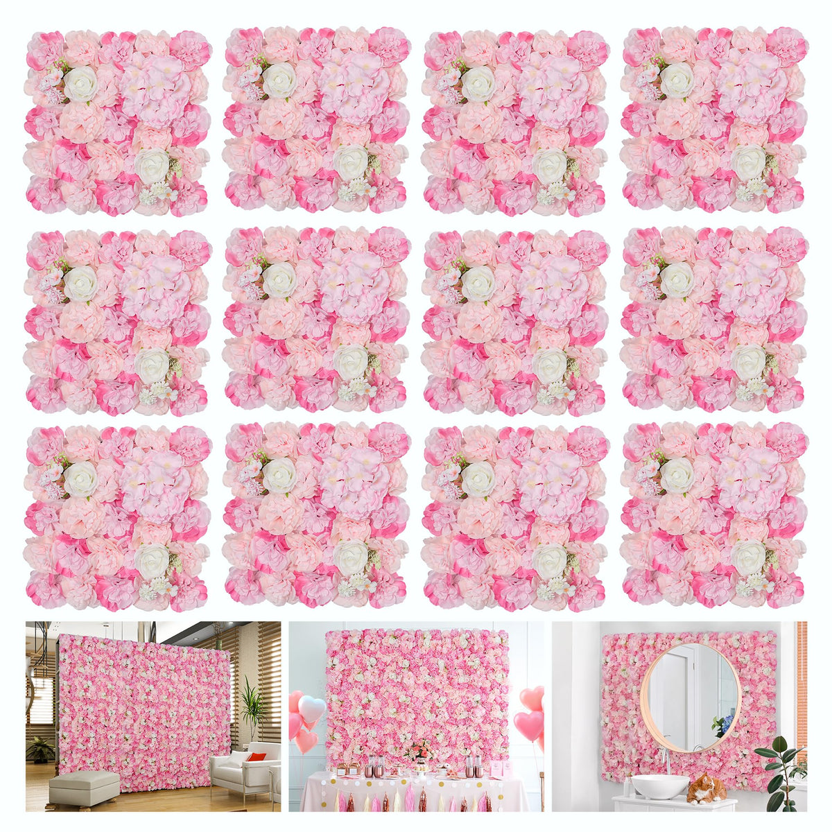 Artificial Flower Wall Backdrop 8×8 ft (2.4×2.4 m), 2 Panels 4×8 ft Each, Realistic Blooms for Wedding Ceremony, Photo Booth & Baby Shower,Stand/Frame Not Included