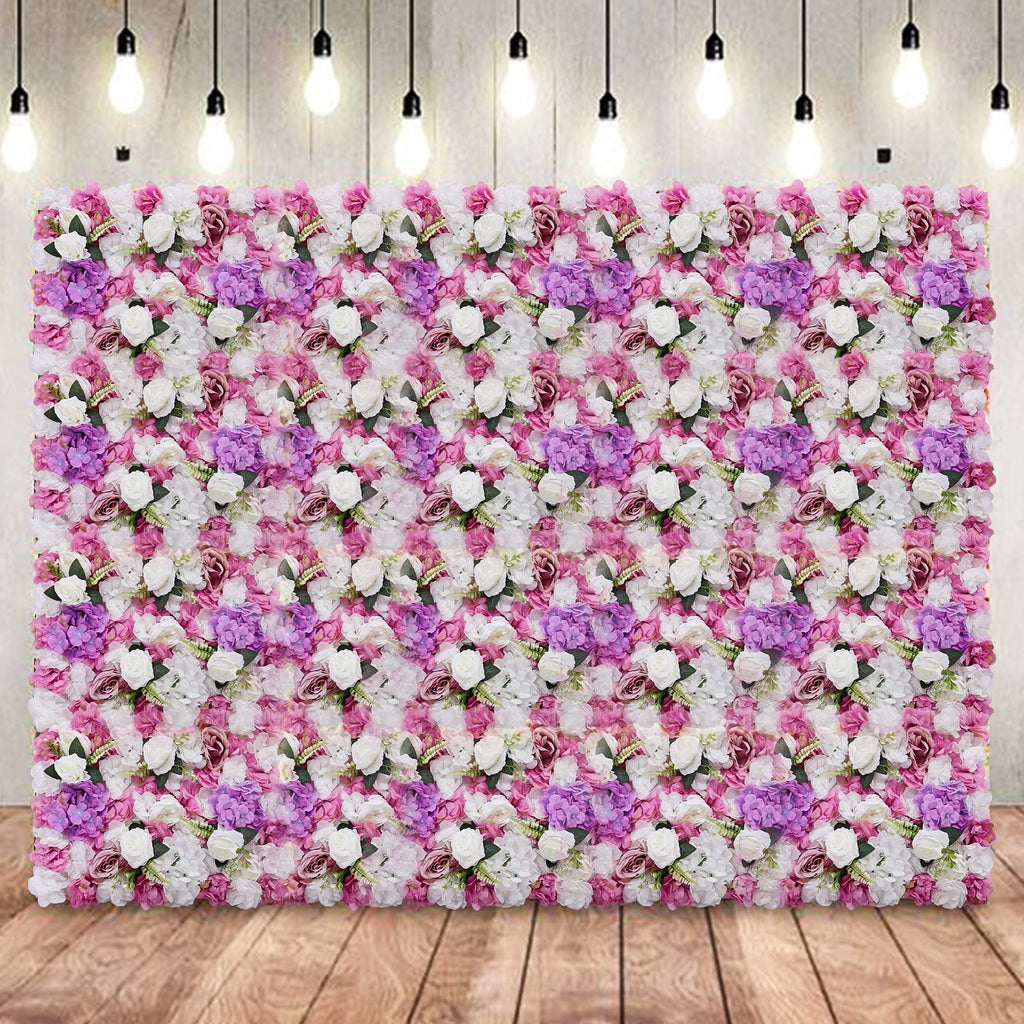 Flower Wall Panel Floral Backdrop - 6 Pcs Pink and Purple Flower Wall Decor, 24" X 16" Silk Rose Wall 3D Artificial Flower for Wedding Backdrops, Wedding Aisles, Flower Parties