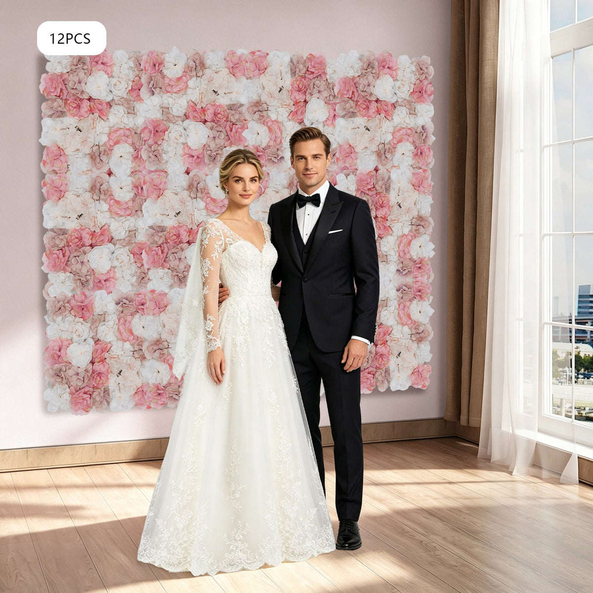 12pcs Pack Panel Artificial Flower Wall Backdrop Suitable for Weddings, Birthdays, Graduation - Hanging Panels with White, Champagne & Pink Blooms, Plastic Floral Panels for Parties, Setup for Decor,