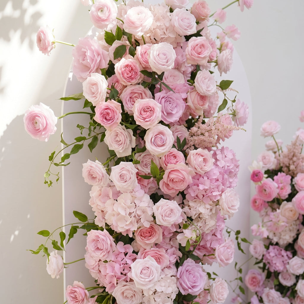 Thora: Pink Rose Ranunculus Wedding Background Arch KT Backdrop Decorative Flower Row Excludes Frame | Event Floral Decor