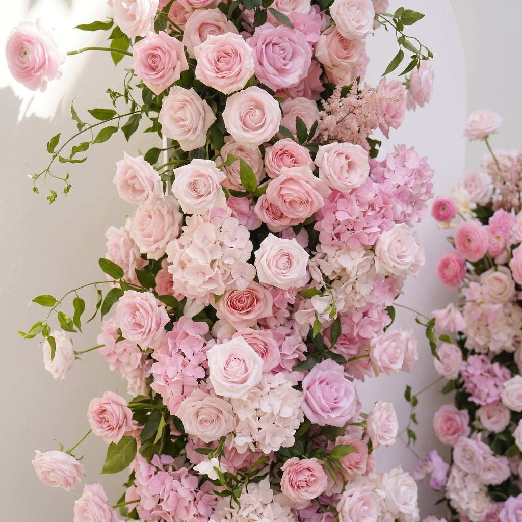 Thora: Pink Rose Ranunculus Wedding Background Arch KT Backdrop Decorative Flower Row Excludes Frame | Event Floral Decor
