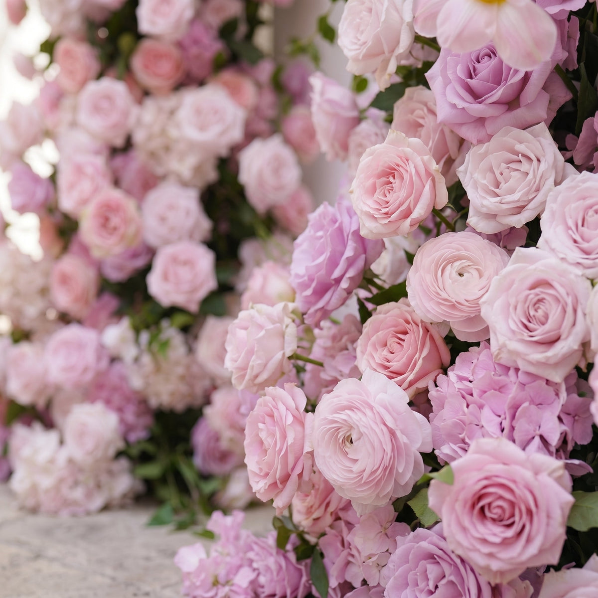 Thora: Pink Rose Ranunculus Wedding Background Arch KT Backdrop Decorative Flower Row Excludes Frame | Event Floral Decor