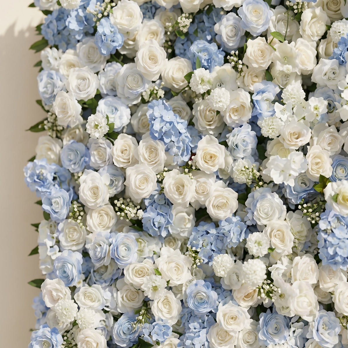 Embermira: Luxury 4D Ice White & Sky Blue Silk Floral Wall Backdrop for Destination Weddings Free Shipping