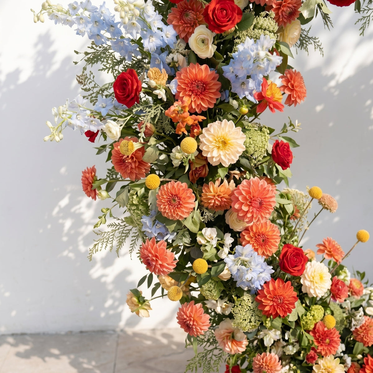Freara: Heart-Shaped Multi-Color Dahlia & Rose Silk Floral Arch Floral Arrangement for Vibrant Weddings | Event Floral Decor