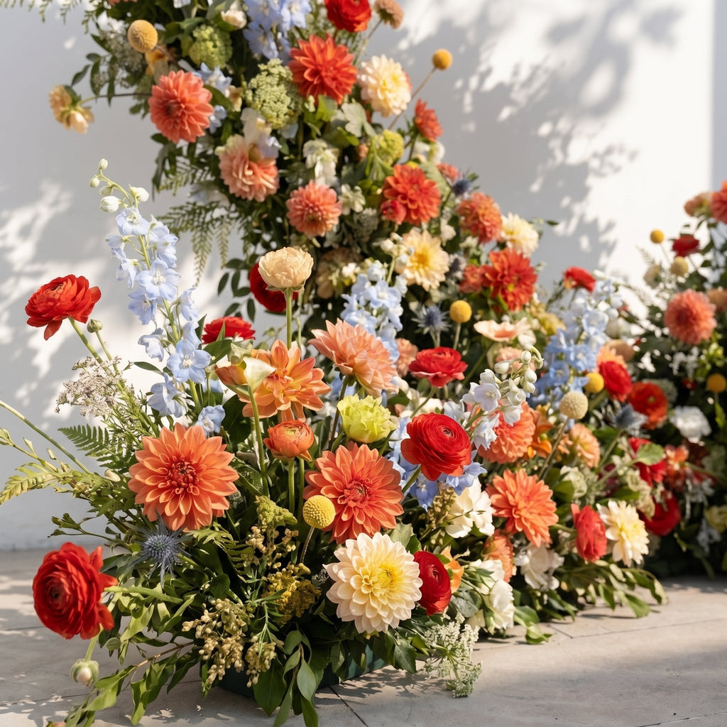 Freara: Heart-Shaped Multi-Color Dahlia & Rose Silk Floral Arch Floral Arrangement for Vibrant Weddings | Event Floral Decor